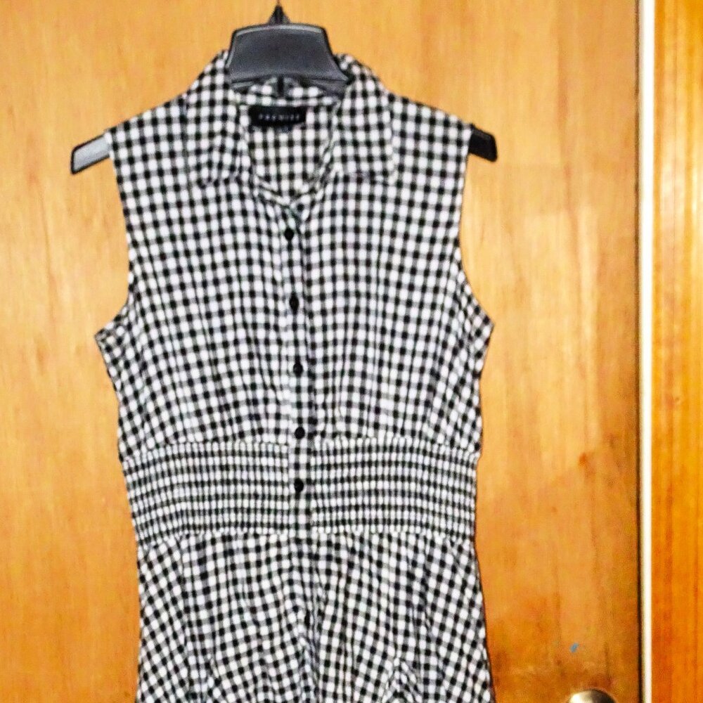 Pristine Sleeveless Shirtdress Gingham A-Line Black and White Dress